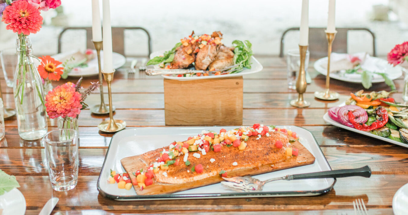 Salmon dish on serving platter on table